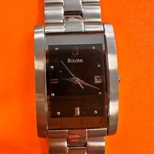 Bulova Silver Stainless Steel Watch with Black Dial